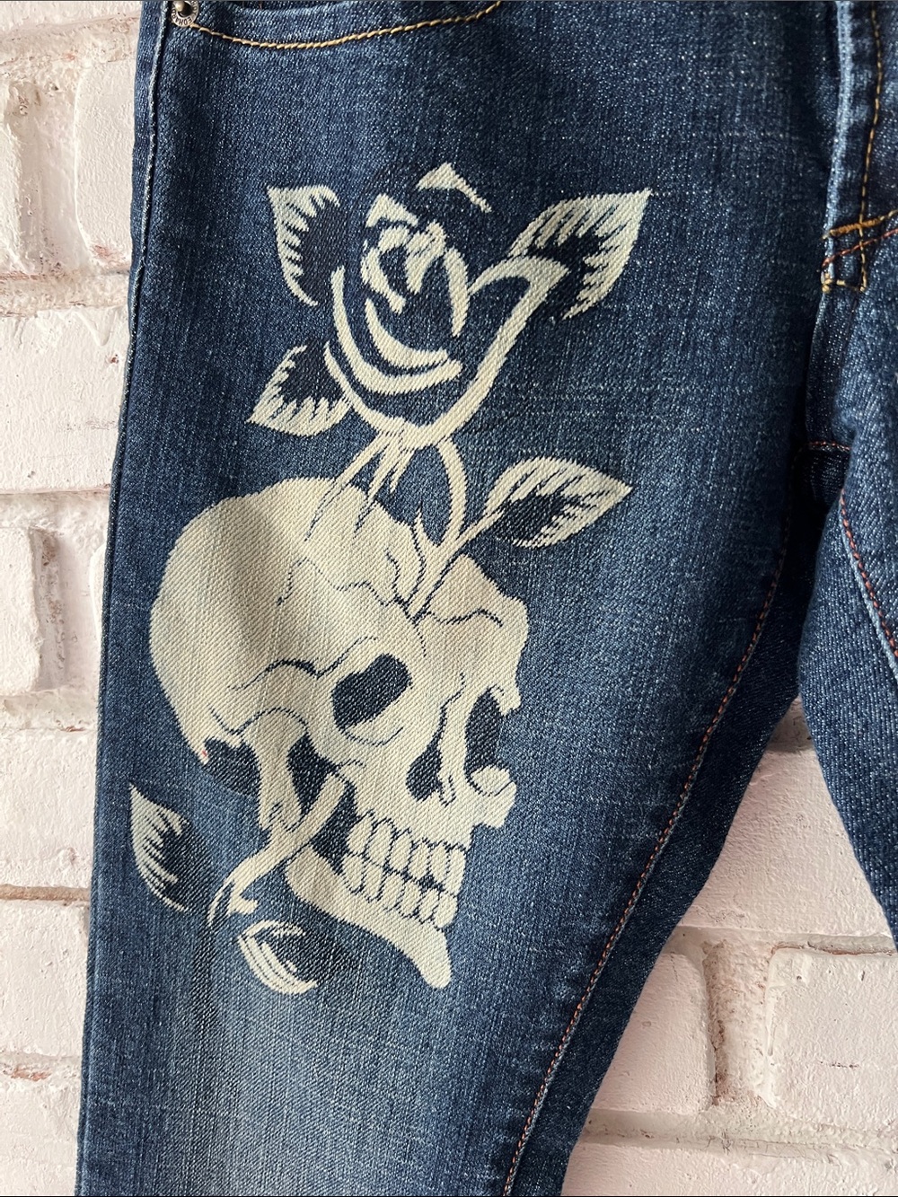 Ed Hardy Dark Blue Skinny Jeans with Skull & Rose Artwork - Picture 3 of 4